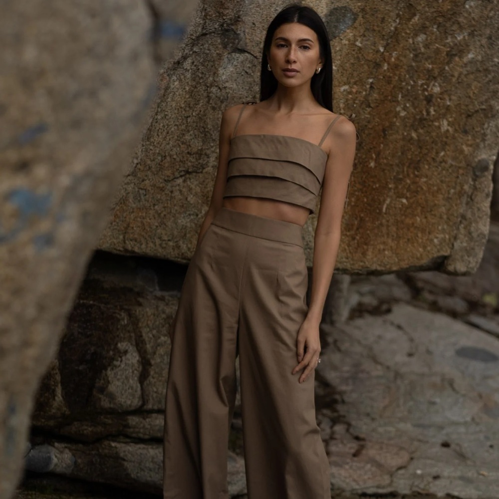 The rooster Strap Crop Top & Wide-Leg pant Set in mocha